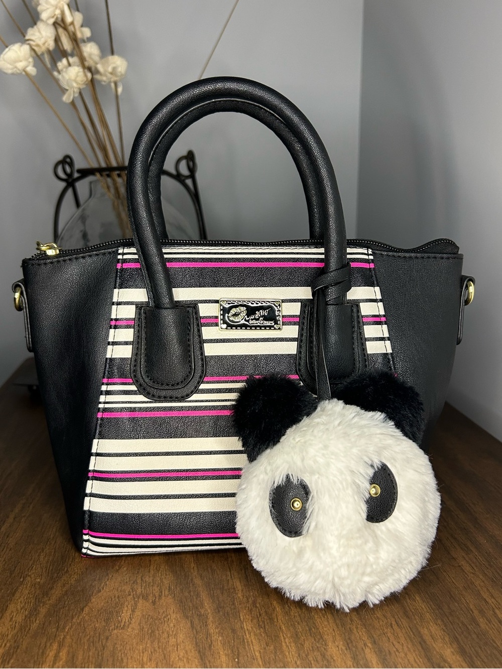 Luv Betsey Johnson Striped Black Pink Satchel Tote Panda Pom Charm